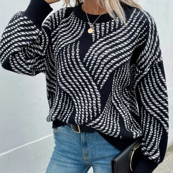 Black and White Preppy Womens Allover Pattern Drop Shoulder Sweater - Picture 1 of 5